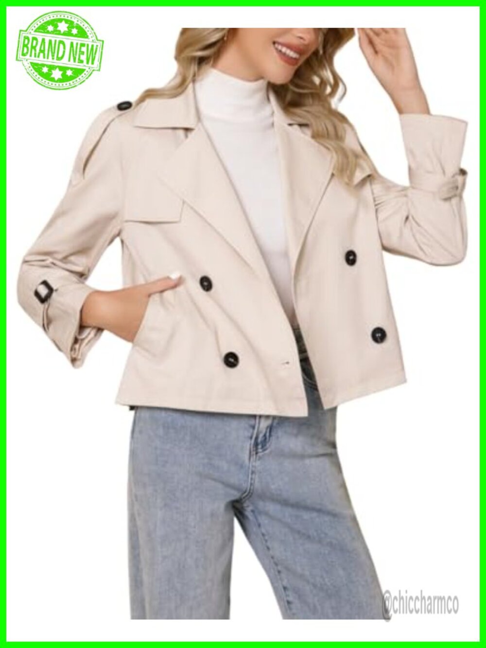 Cropped Trench Coat Double Breasted Long Sleeve Short Jacket
